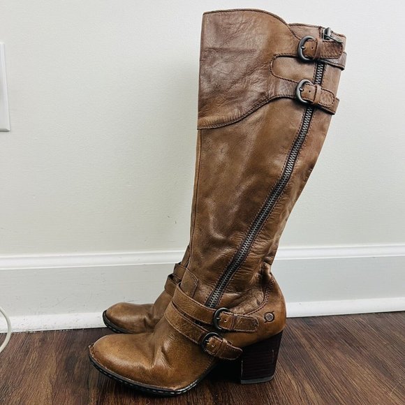 Børn Shoes - BORN Treddy Brown Leather Worn Distressed Knee High Buckled Boots ~ Size 8 / 39
